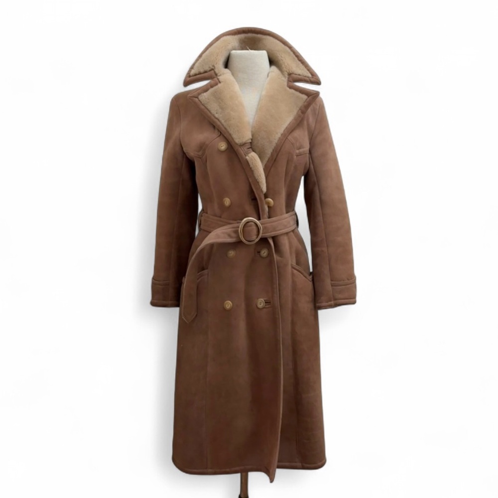 Vintage 70s Abercrombie & Fitch Tan Penny Lane Lamb Shearling Trench Coat Sz S/M - Picture 1 of 16